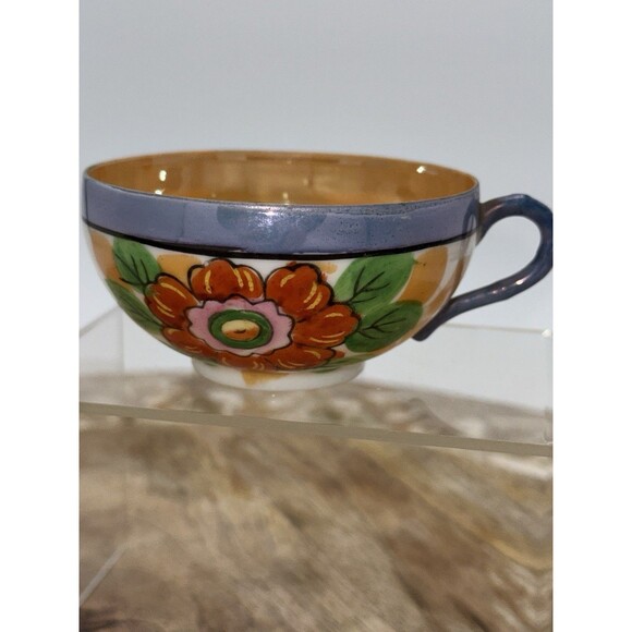 3 Vintage Hand Painted Lusterware Orange Gold Blue Floral Teacup Japanese READ - Picture 11 of 16
